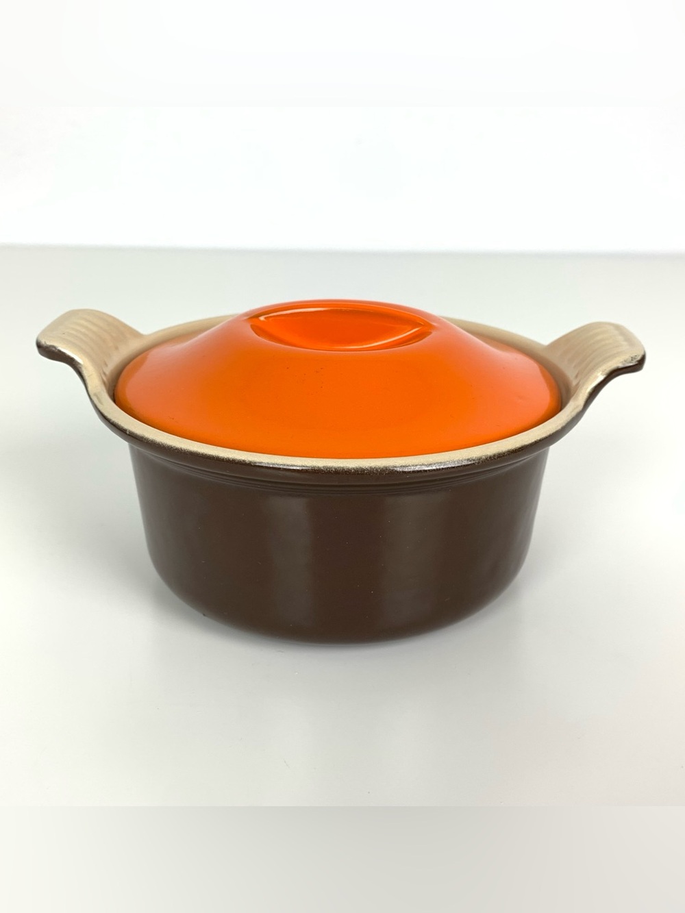 Le Creuset #14 Enameled Cast Iron Mini Casserole Brown Orange Mismatch France